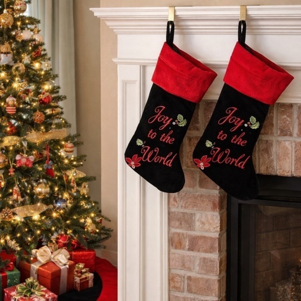 CHRISTMAS STOCKING ~ Black & Red Velvet with Monogrammed Joy To The World